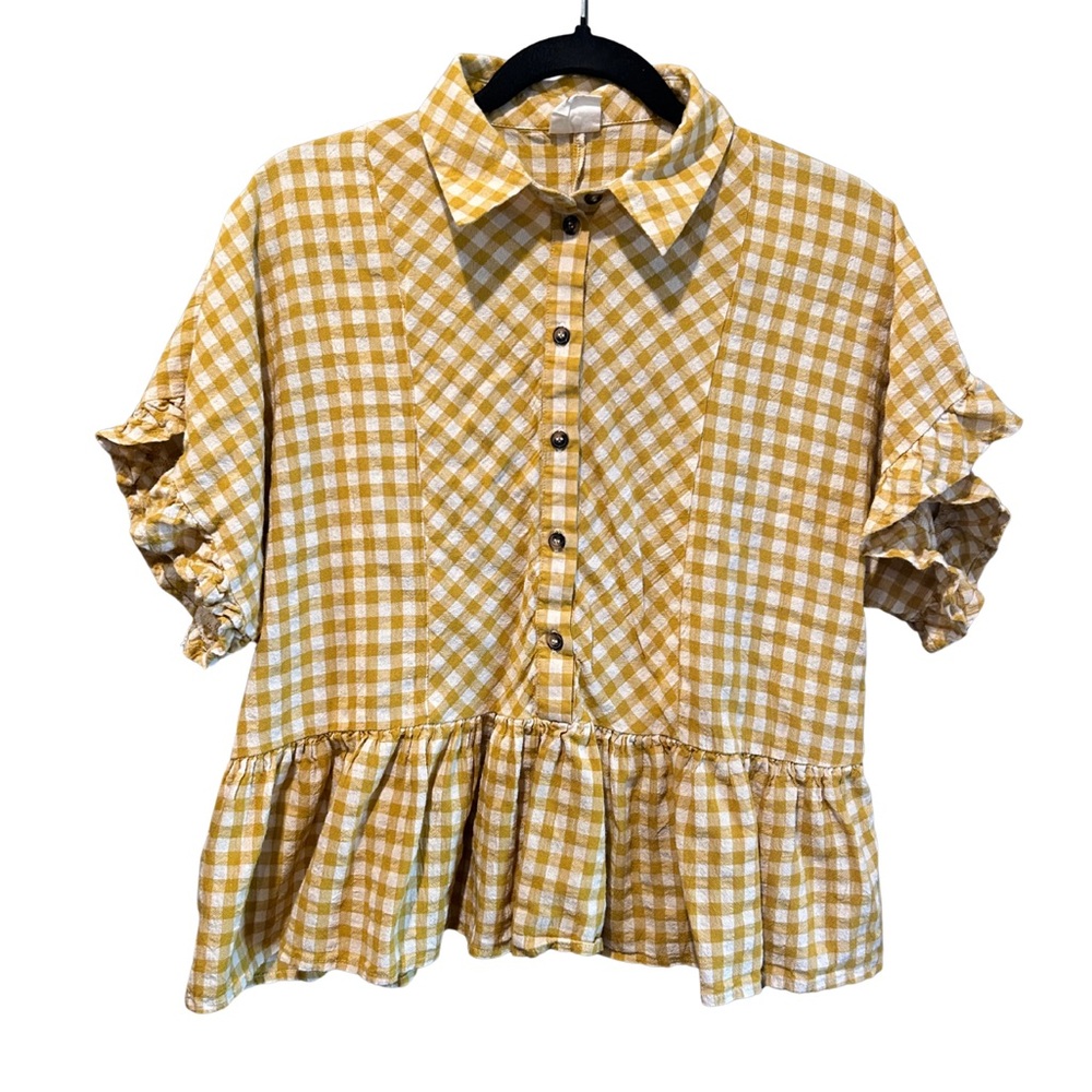 By Together Yellow Gingham Ruffle Peplum Blouse – Size S